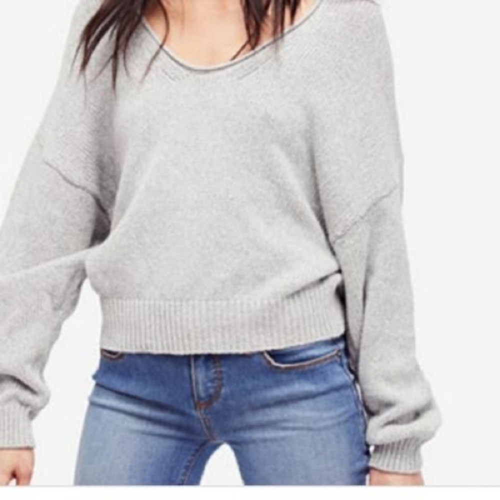 Free people heather grey v neck drop sleeve oversized knit jumper sweater